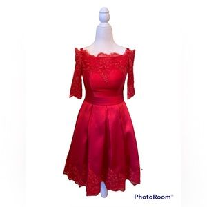 Fanhao red off the shoulder lace sleeves dress XS